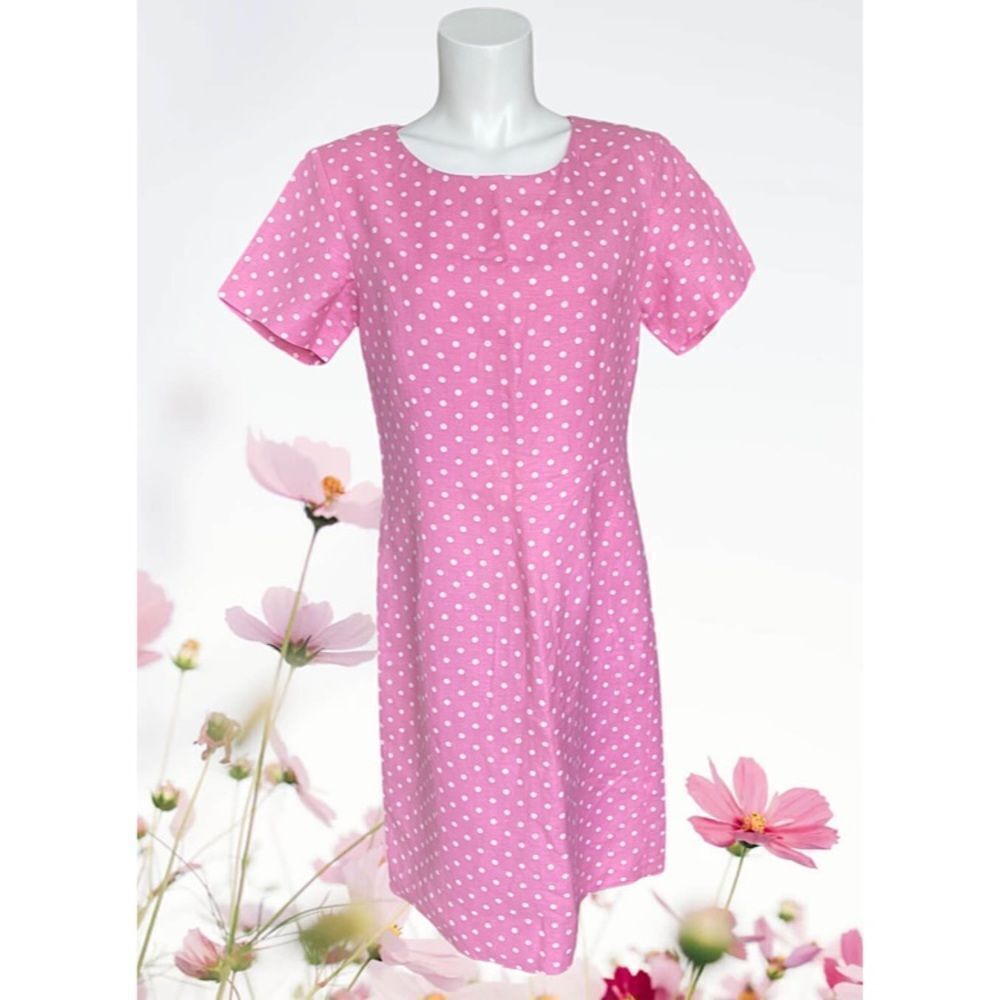 Chadwick's Pink White‎ Polka Dot Sheath Dress Linen Sz 8 EUC